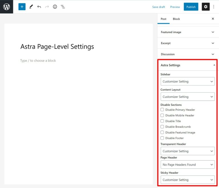 Astra page-level settings