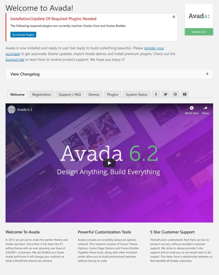 Avada Welcome Page