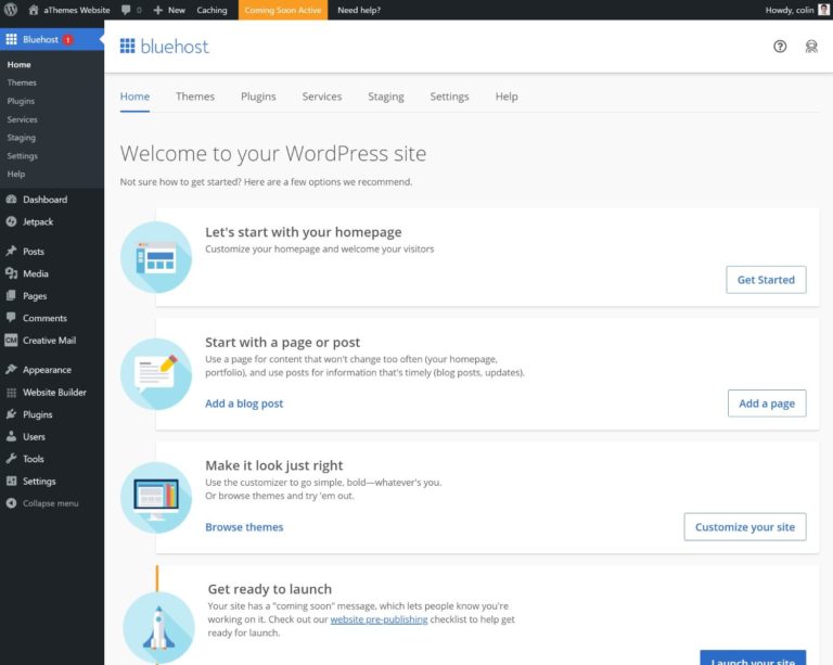 WordPress dashboard on Bluehost