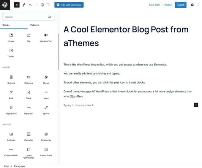 Elementor and WordPress blog editor
