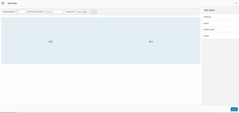 New row creation screen in SiteOrigin Page Builder