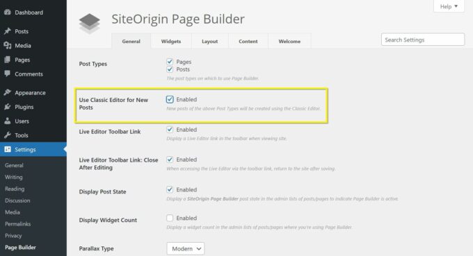 SiteOrigin Page Builder settings