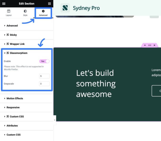 Sydney Pro adds a Glassmorphism option to Elementor