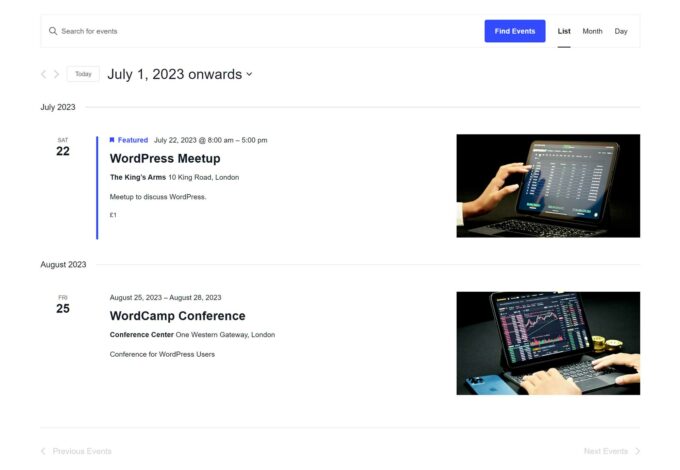 Published events, frontend view