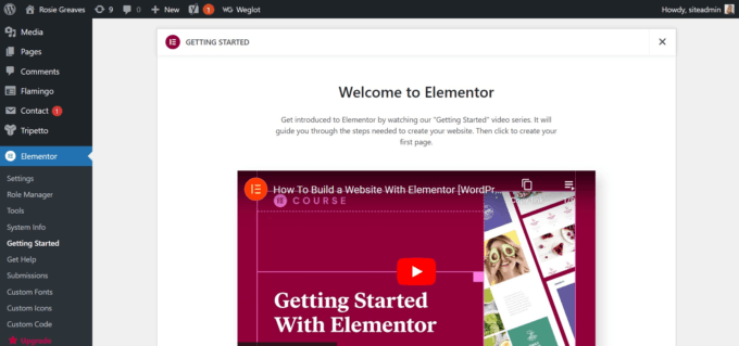 Elementor gettings started page in WordPress admin
