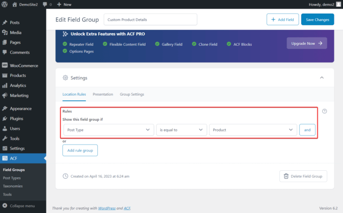 Field group rules on the settings page of the Advanced Custom Fields plugin