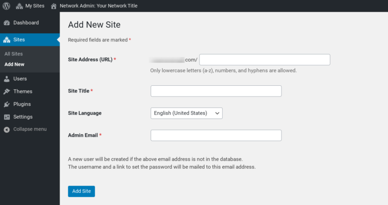 The 'Add New Site' screen in WordPress Multisite.