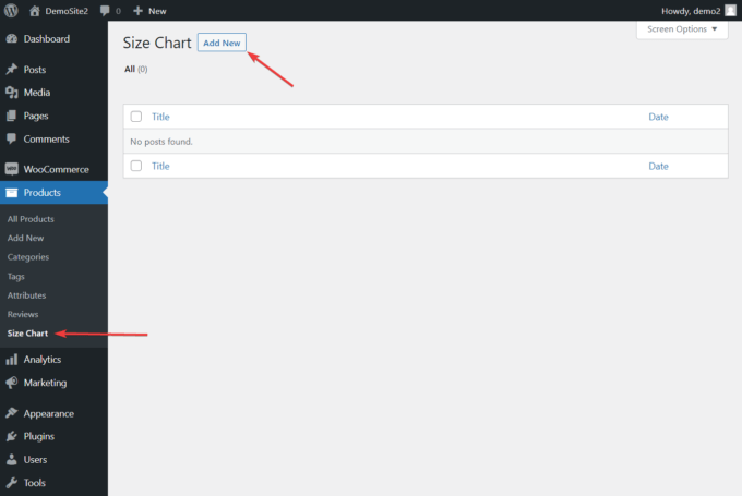 'Size Chart' admin page added by Botiga Pro