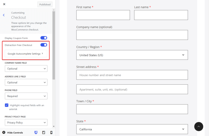 Distraction-free checkout and Google Autocomplete settings in Botiga Pro