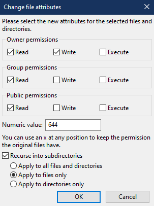 The file permissions screen, with settings adjusted for files.