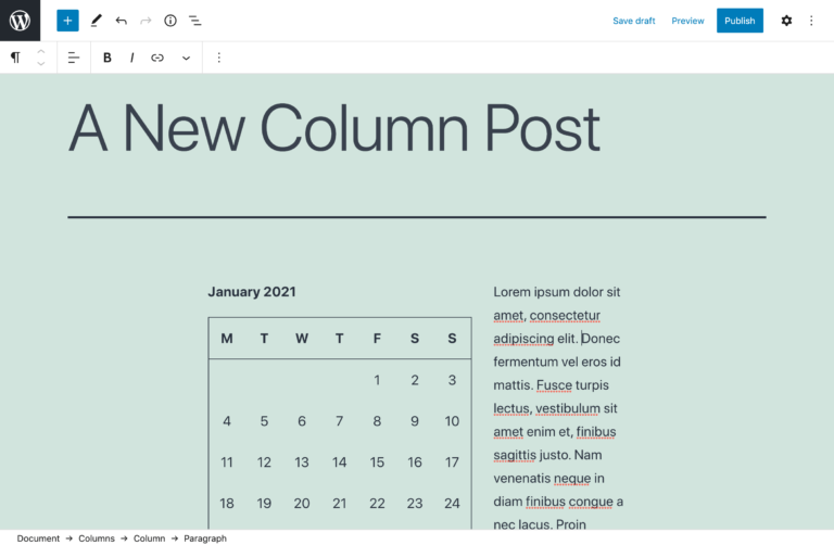A columns block with calendar and paragraph blocks in the block editor