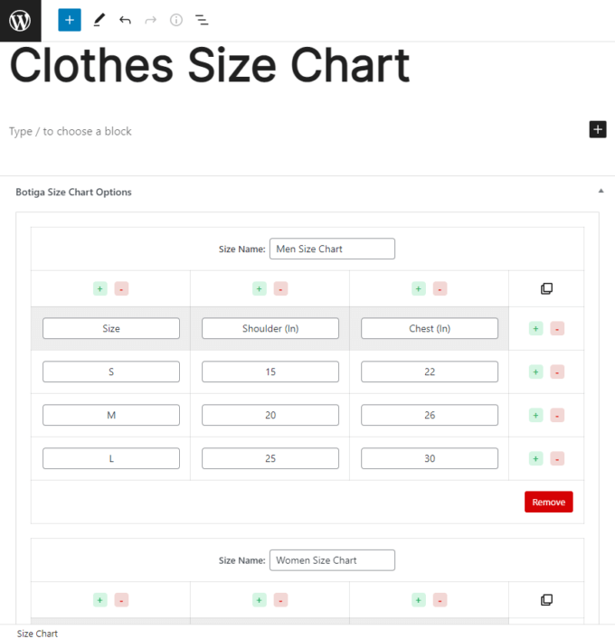 Example size chart completed