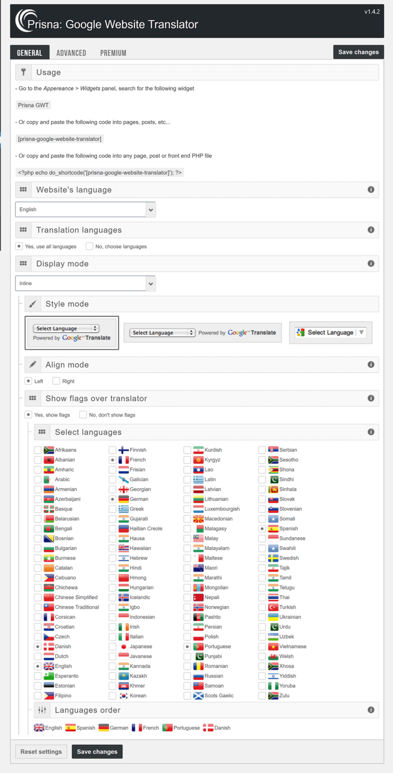 General Settings in Google Website Translator