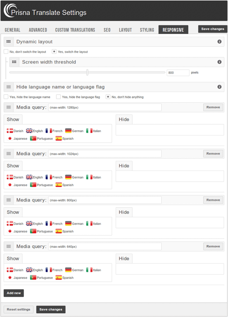 Responsive Settings in Google Website Translator