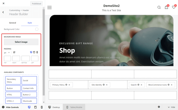 Botiga's header and footer builders, new styling options in the Customizer