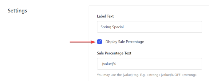 Location of the module's Display Sale Percentage option, annotated screenshot