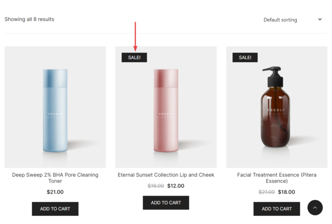 Frontend view of the SALE labels on a WooCommerce product page