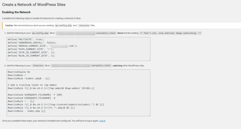 The code snippets for installing a WordPress Multisite network.