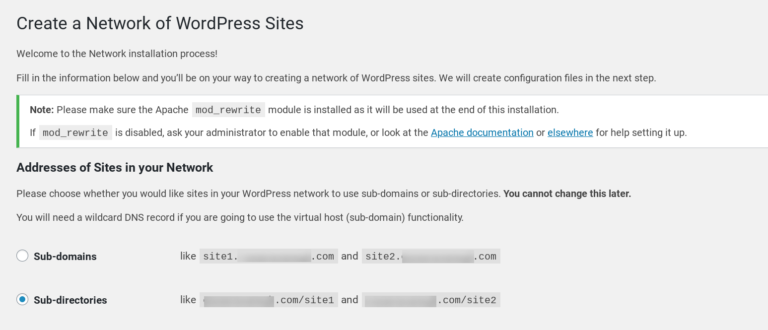 The Network Setup page in WordPress Multisite.