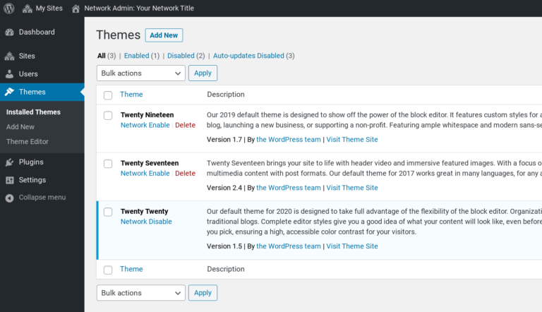 The WordPress Multisite themes page.