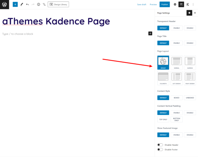 Kadence page-level controls