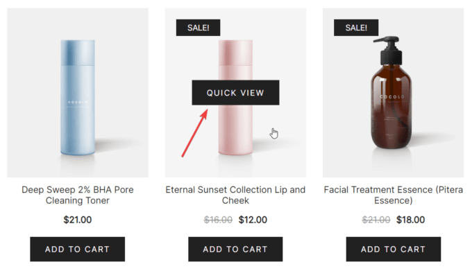 Quick view button in the middle of product image