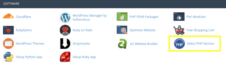 The 'Select PHP Version' application in cPanel.