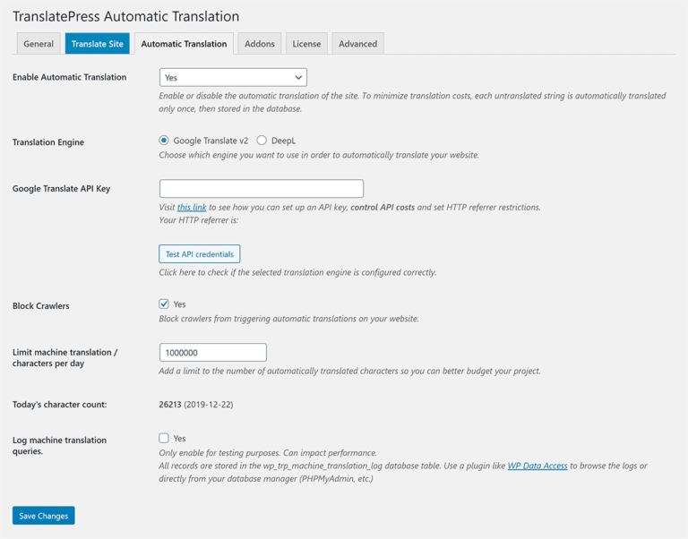 TranslatePress Automatic Translation Settings