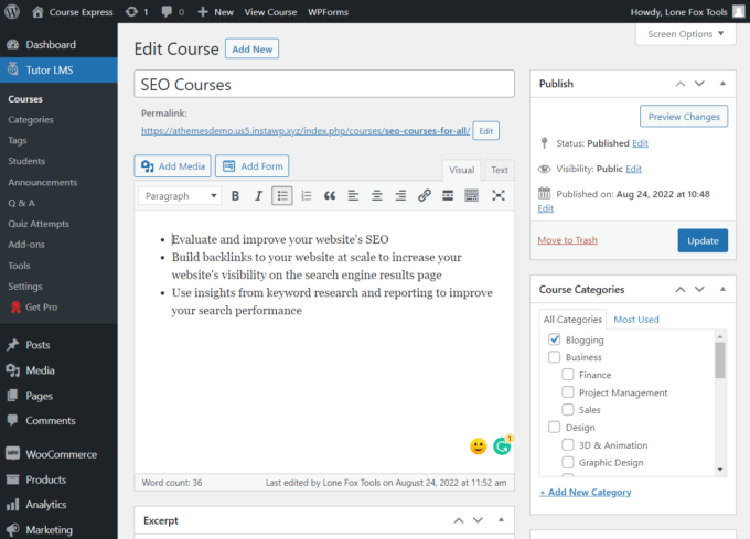 Tutor LMS, course editor interface
