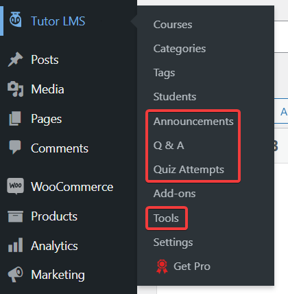 Submenu for TutorLMS's student engagement features