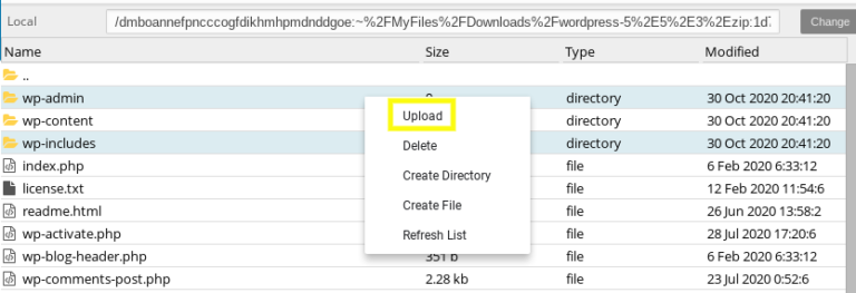 The option to upload WordPress Core files via FTP.