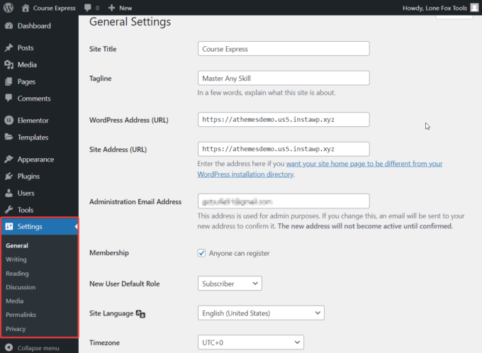 WordPress admin general settings page