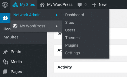 The WordPress Multisite menu items.