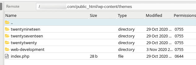 The WordPress themes folder in FTP client.
